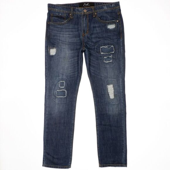 Earl Slim Straight Jeans Mens Size 34x32 Actual 35x30 Destructed Blue Denim - Picture 1 of 10